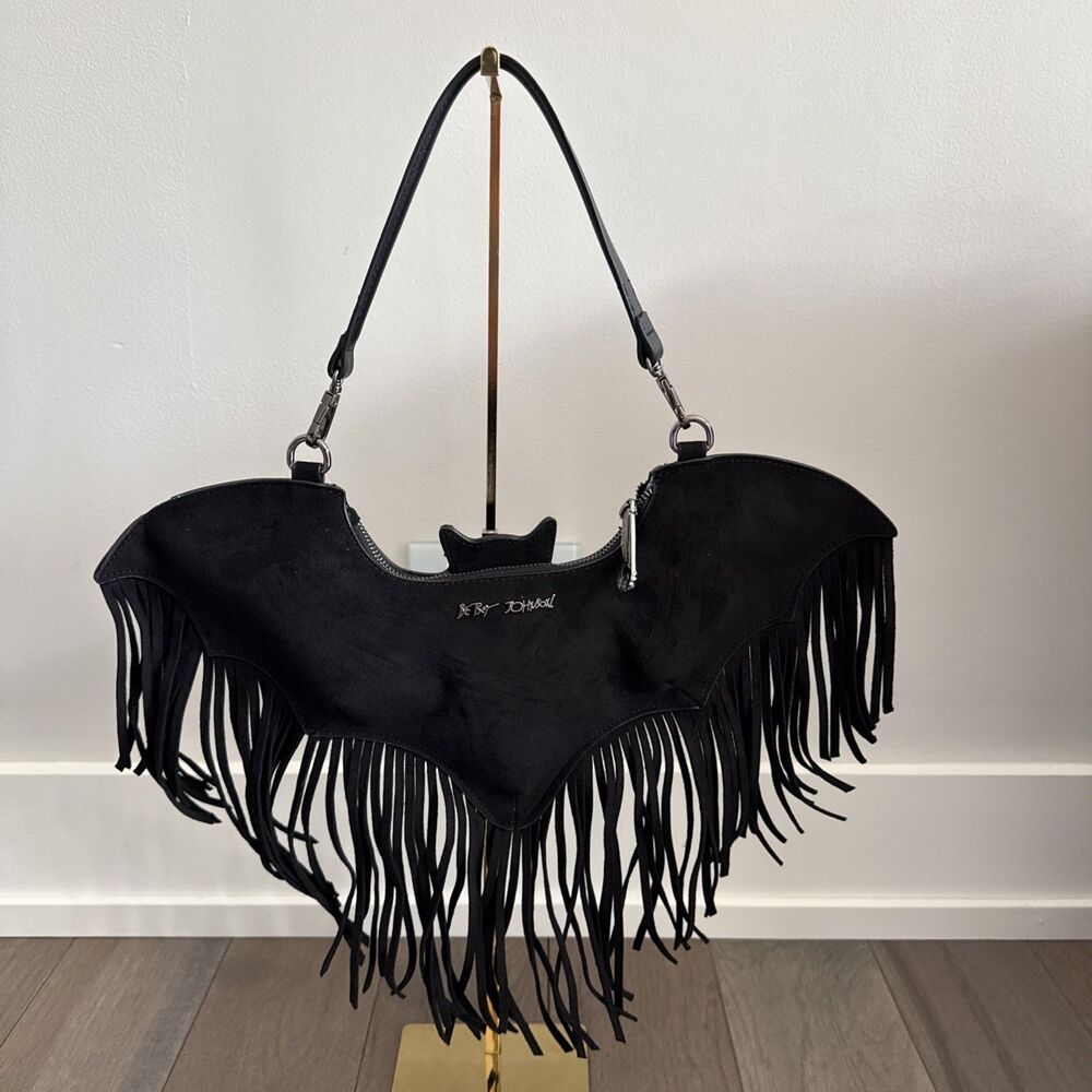 Betsey Johnson Xoblaire Black Bat Fringe Shoulder Bag Novelty Purse Halloween